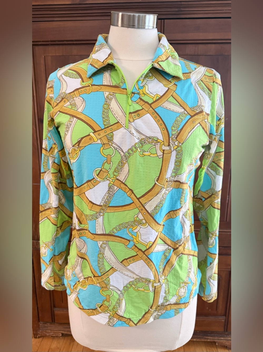 Icikuls Women’s M Quarter Zip Top Belt Chain Print Blue Green